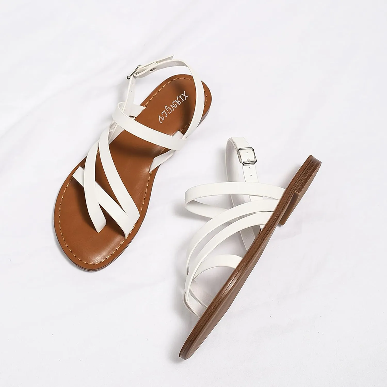 Women Sandals Fashion Round Toe Buckle Roman Style Strappy Leather Sandals Flat Beach Holiday Party