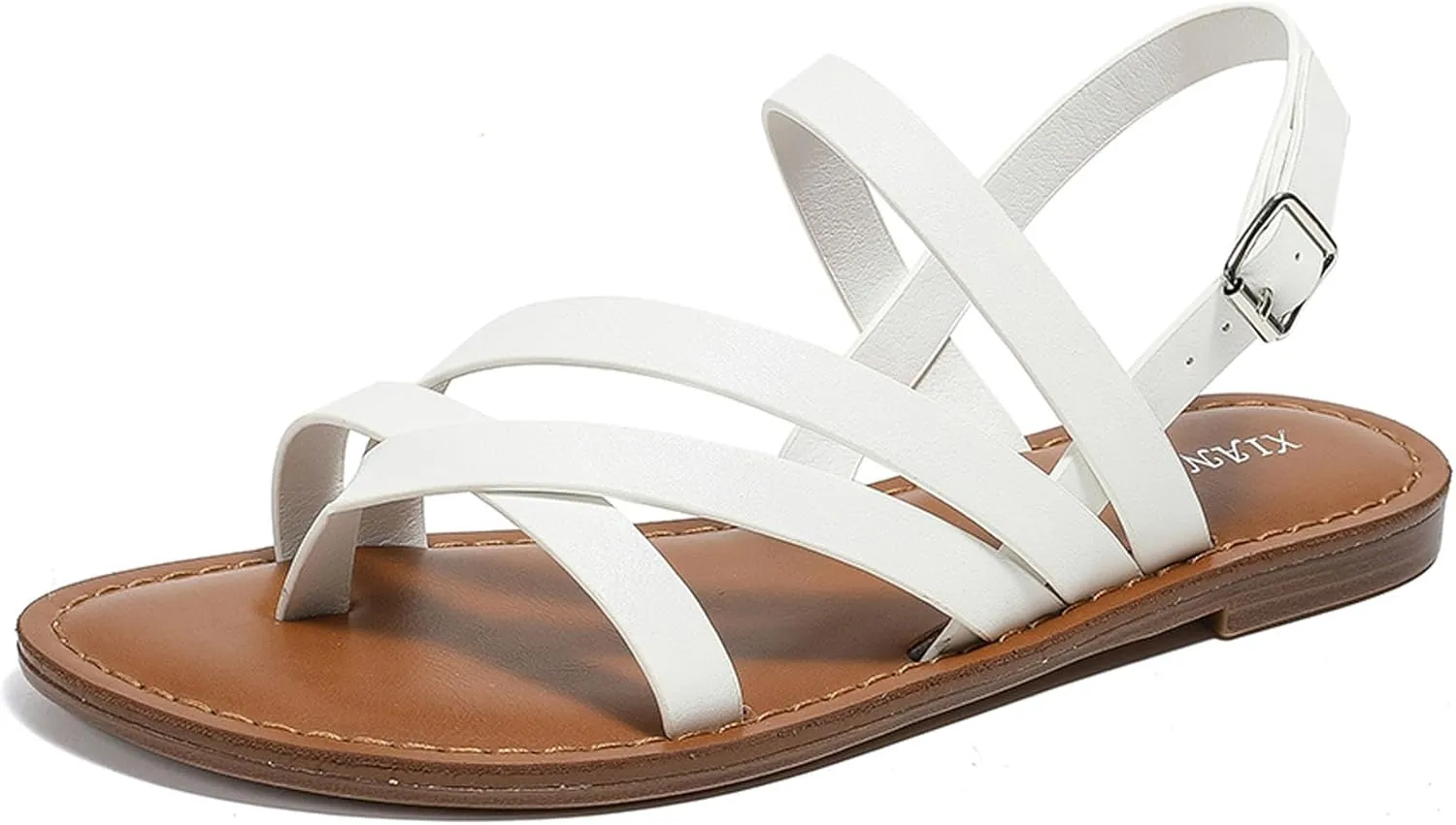 Women Sandals Fashion Round Toe Buckle Roman Style Strappy Leather Sandals Flat Beach Holiday Party