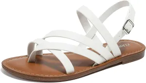 Women Sandals Fashion Round Toe Buckle Roman Style Strappy Leather Sandals Flat Beach Holiday Party