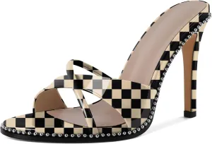 Women Stilettos High Heels Mules Open Round Toe Sandals Slip-on Comfort Sexy Dress Beaded Pumps Sandals Evening Party Prom 4 Inch Heeled Sandals