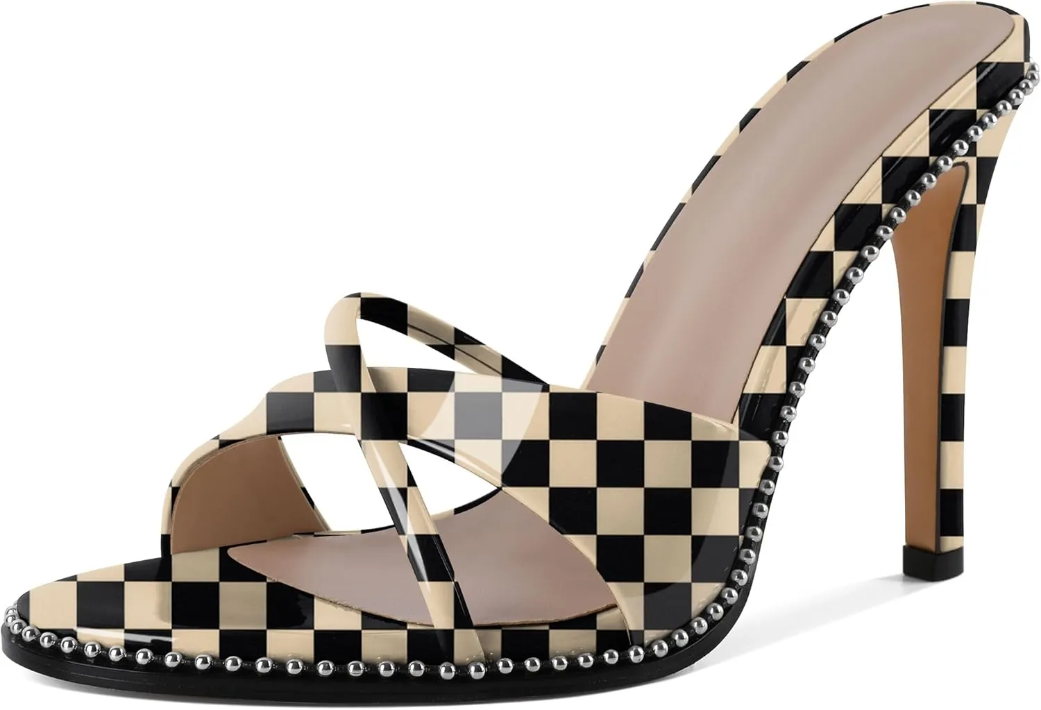 Women Stilettos High Heels Mules Open Round Toe Sandals Slip-on Comfort Sexy Dress Beaded Pumps Sandals Evening Party Prom 4 Inch Heeled Sandals