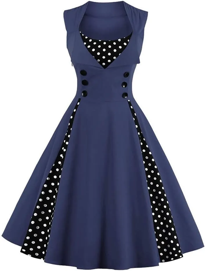 Women Vintage 1950s Rockabilly Swing Dress Notch Collar Sleeveless Polka Dot Floral Cocktail Dresses