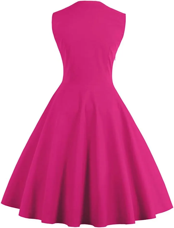 Women Vintage 1950s Rockabilly Swing Dress Notch Collar Sleeveless Polka Dot Floral Cocktail Dresses