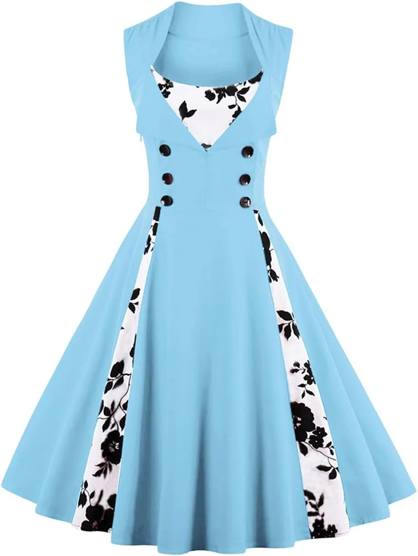 Women Vintage 1950s Rockabilly Swing Dress Notch Collar Sleeveless Polka Dot Floral Cocktail Dresses