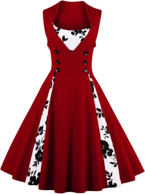 Women Vintage 1950s Rockabilly Swing Dress Notch Collar Sleeveless Polka Dot Floral Cocktail Dresses
