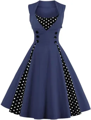 Women Vintage 1950s Rockabilly Swing Dress Notch Collar Sleeveless Polka Dot Floral Cocktail Dresses