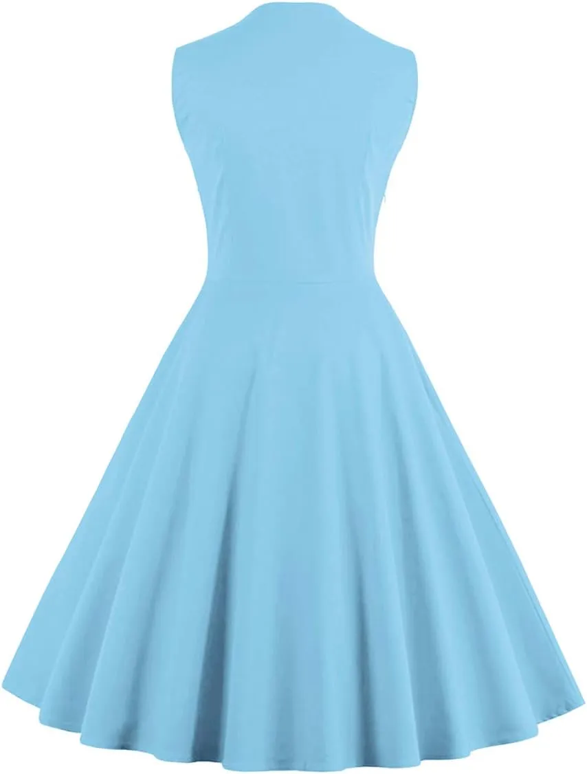 Women Vintage 1950s Rockabilly Swing Dress Notch Collar Sleeveless Polka Dot Floral Cocktail Dresses