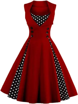 Women Vintage 1950s Rockabilly Swing Dress Notch Collar Sleeveless Polka Dot Floral Cocktail Dresses