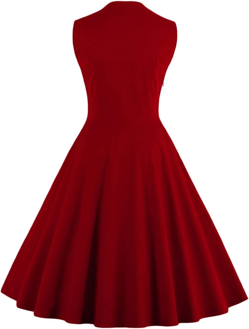 Women Vintage 1950s Rockabilly Swing Dress Notch Collar Sleeveless Polka Dot Floral Cocktail Dresses