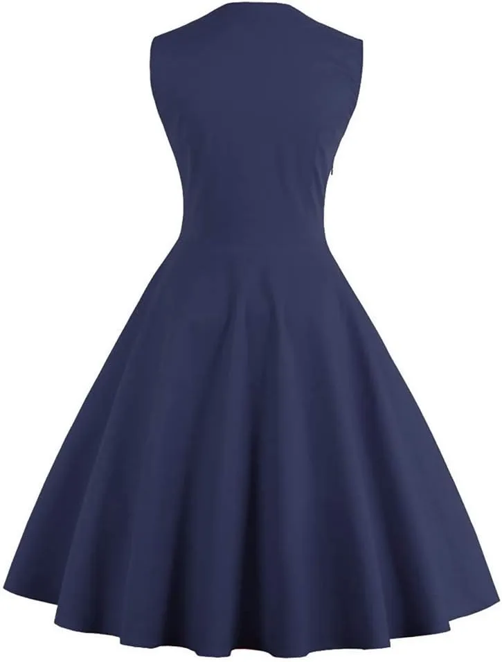 Women Vintage 1950s Rockabilly Swing Dress Notch Collar Sleeveless Polka Dot Floral Cocktail Dresses