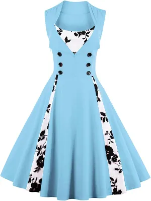 Women Vintage 1950s Rockabilly Swing Dress Notch Collar Sleeveless Polka Dot Floral Cocktail Dresses