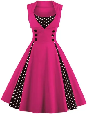 Women Vintage 1950s Rockabilly Swing Dress Notch Collar Sleeveless Polka Dot Floral Cocktail Dresses