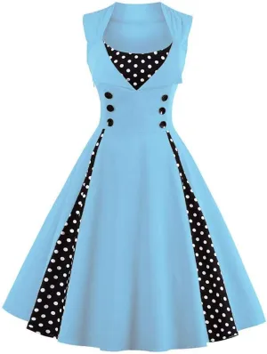 Women Vintage 1950s Rockabilly Swing Dress Notch Collar Sleeveless Polka Dot Floral Cocktail Dresses