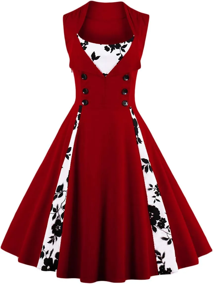 Women Vintage 1950s Rockabilly Swing Dress Notch Collar Sleeveless Polka Dot Floral Cocktail Dresses