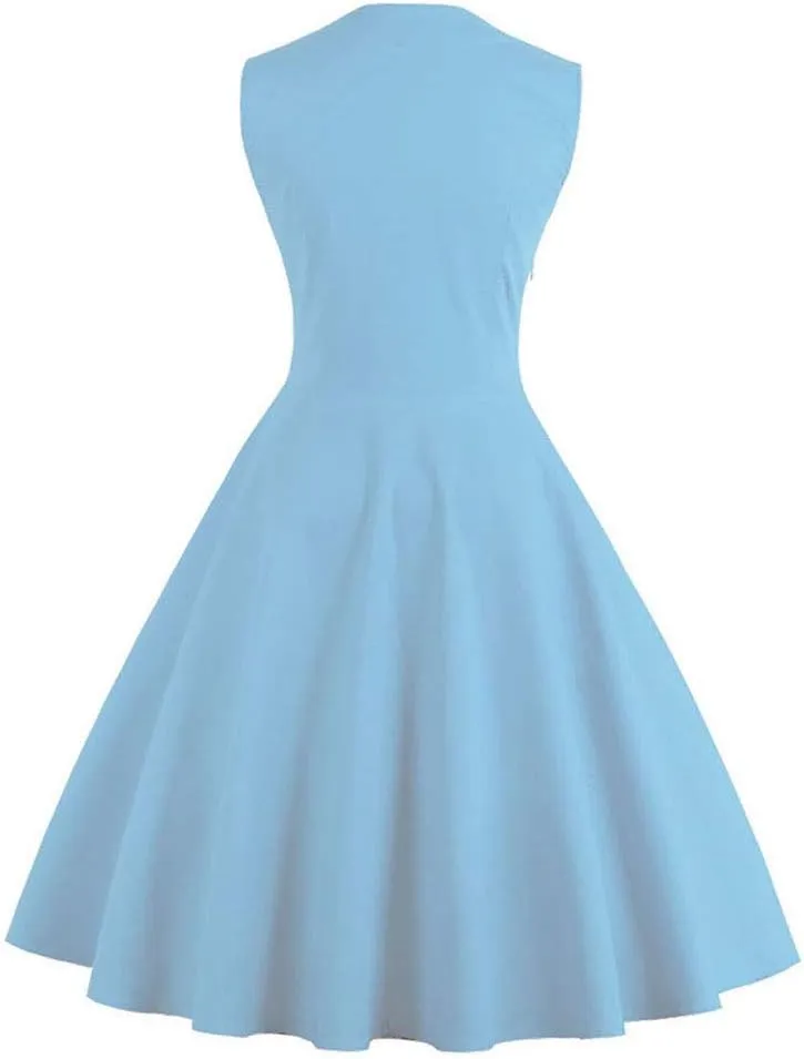 Women Vintage 1950s Rockabilly Swing Dress Notch Collar Sleeveless Polka Dot Floral Cocktail Dresses