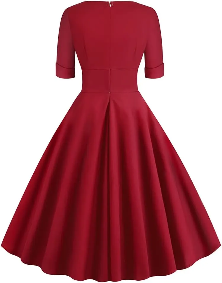 Women Vintage 1950s V-Neck Rockabilly Swing Audrey Hepburn 50s Pinup A-line Cocktail Tea Party Dress