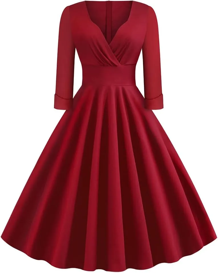 Women Vintage 1950s V-Neck Rockabilly Swing Audrey Hepburn 50s Pinup A-line Cocktail Tea Party Dress