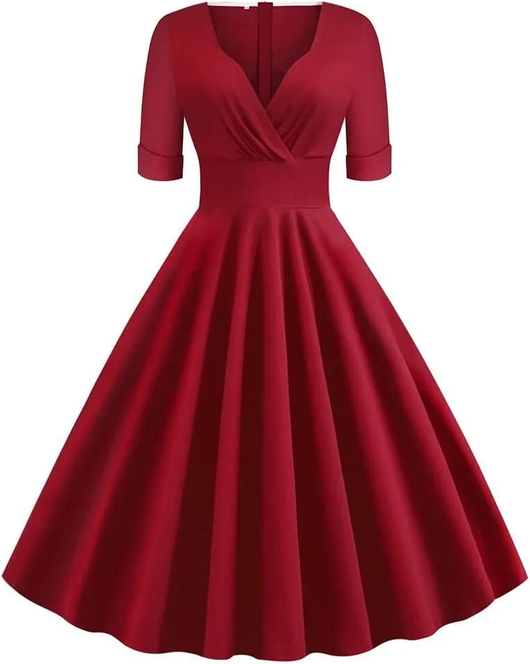 Women Vintage 1950s V-Neck Rockabilly Swing Audrey Hepburn 50s Pinup A-line Cocktail Tea Party Dress
