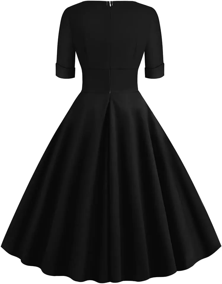 Women Vintage 1950s V-Neck Rockabilly Swing Audrey Hepburn 50s Pinup A-line Cocktail Tea Party Dress