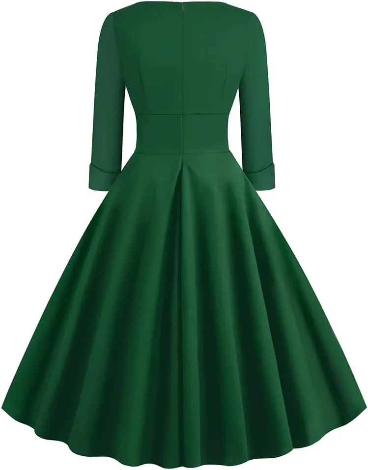 Women Vintage 1950s V-Neck Rockabilly Swing Audrey Hepburn 50s Pinup A-line Cocktail Tea Party Dress