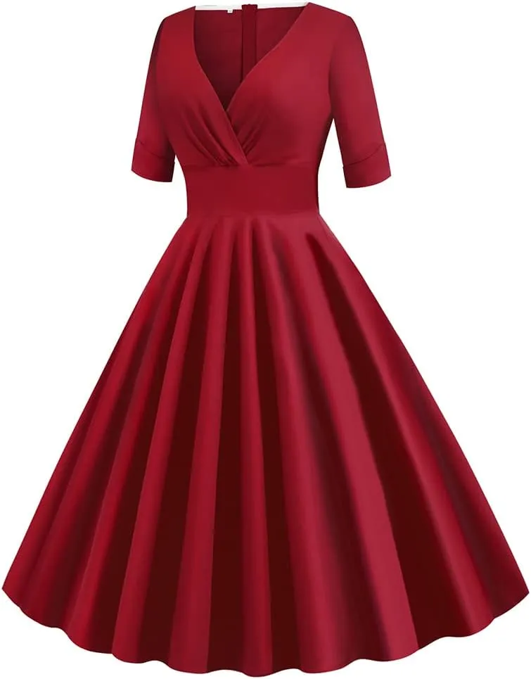 Women Vintage 1950s V-Neck Rockabilly Swing Audrey Hepburn 50s Pinup A-line Cocktail Tea Party Dress