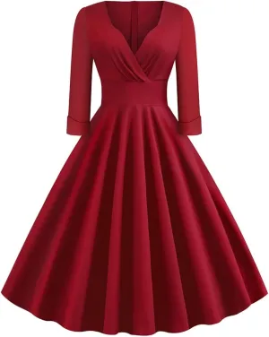 Women Vintage 1950s V-Neck Rockabilly Swing Audrey Hepburn 50s Pinup A-line Cocktail Tea Party Dress