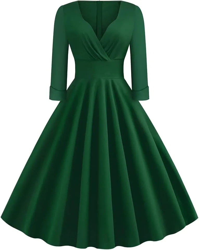 Women Vintage 1950s V-Neck Rockabilly Swing Audrey Hepburn 50s Pinup A-line Cocktail Tea Party Dress