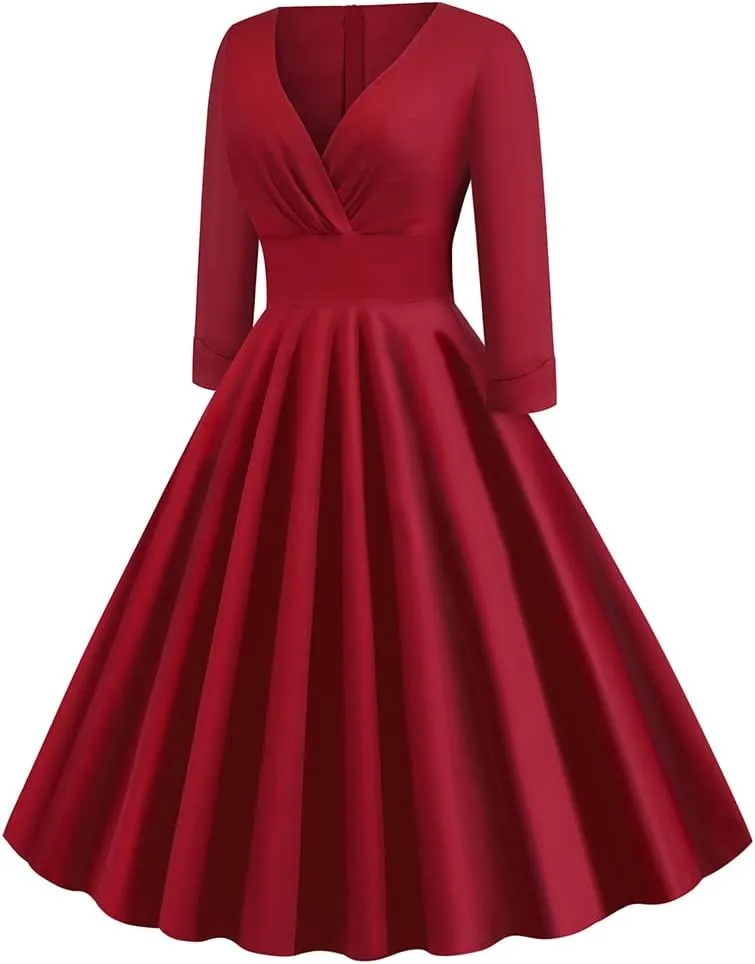 Women Vintage 1950s V-Neck Rockabilly Swing Audrey Hepburn 50s Pinup A-line Cocktail Tea Party Dress