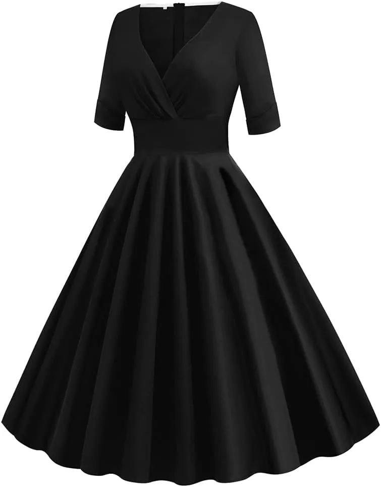 Women Vintage 1950s V-Neck Rockabilly Swing Audrey Hepburn 50s Pinup A-line Cocktail Tea Party Dress