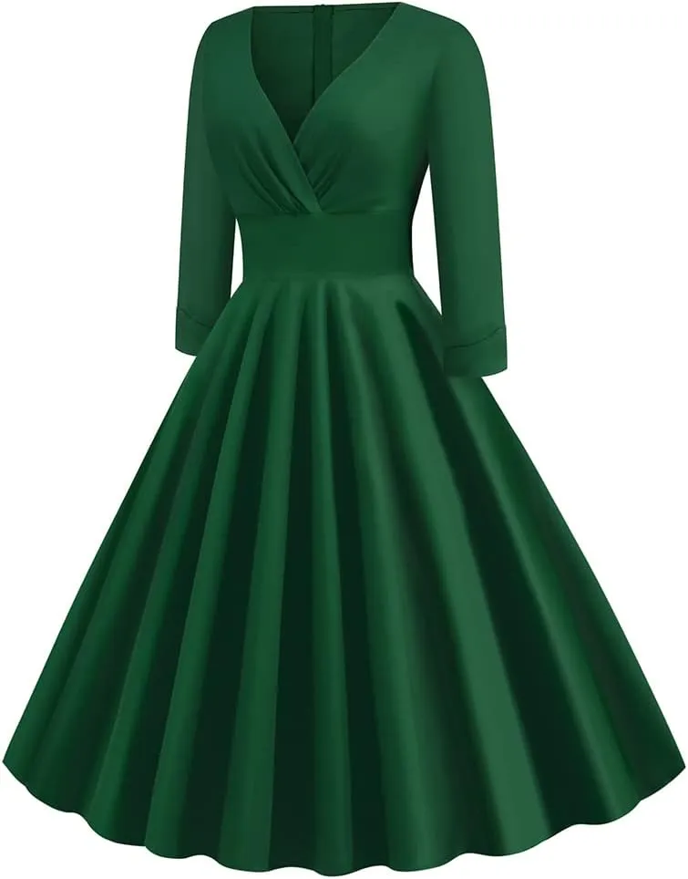 Women Vintage 1950s V-Neck Rockabilly Swing Audrey Hepburn 50s Pinup A-line Cocktail Tea Party Dress