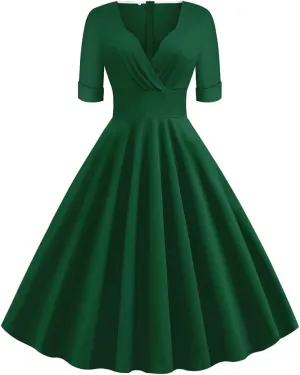 Women Vintage 1950s V-Neck Rockabilly Swing Audrey Hepburn 50s Pinup A-line Cocktail Tea Party Dress