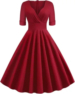 Women Vintage 1950s V-Neck Rockabilly Swing Audrey Hepburn 50s Pinup A-line Cocktail Tea Party Dress