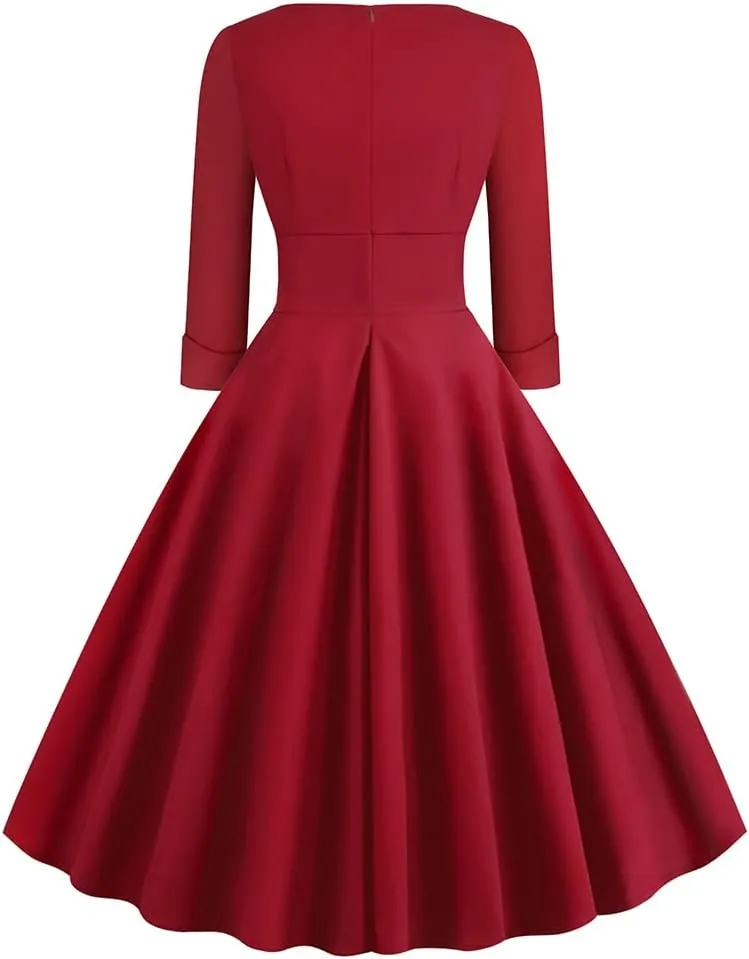 Women Vintage 1950s V-Neck Rockabilly Swing Audrey Hepburn 50s Pinup A-line Cocktail Tea Party Dress
