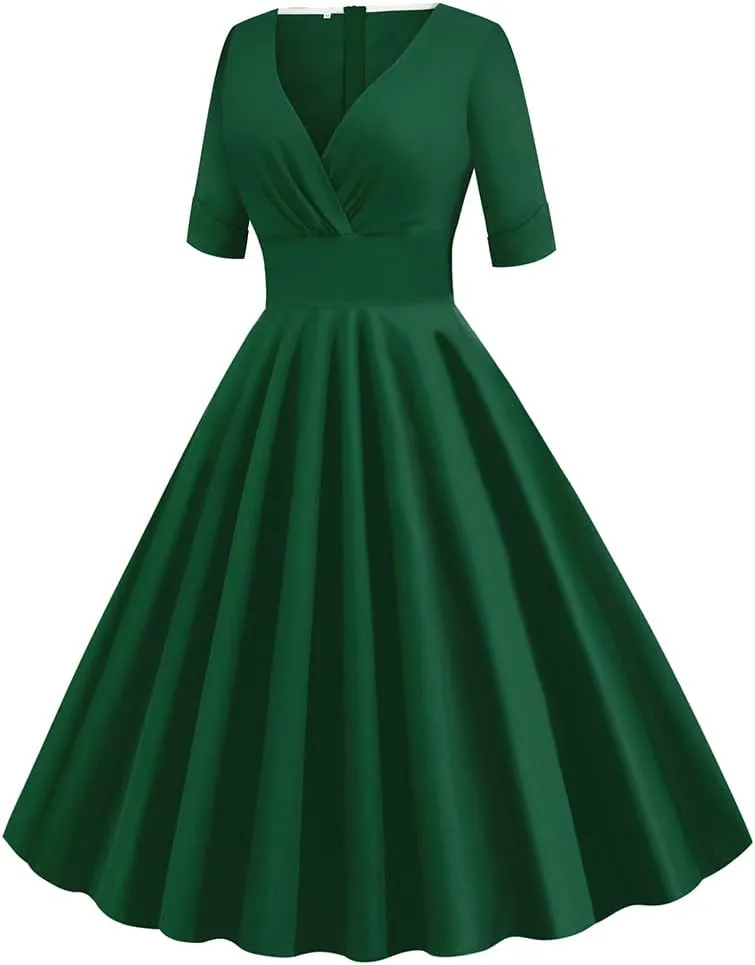 Women Vintage 1950s V-Neck Rockabilly Swing Audrey Hepburn 50s Pinup A-line Cocktail Tea Party Dress