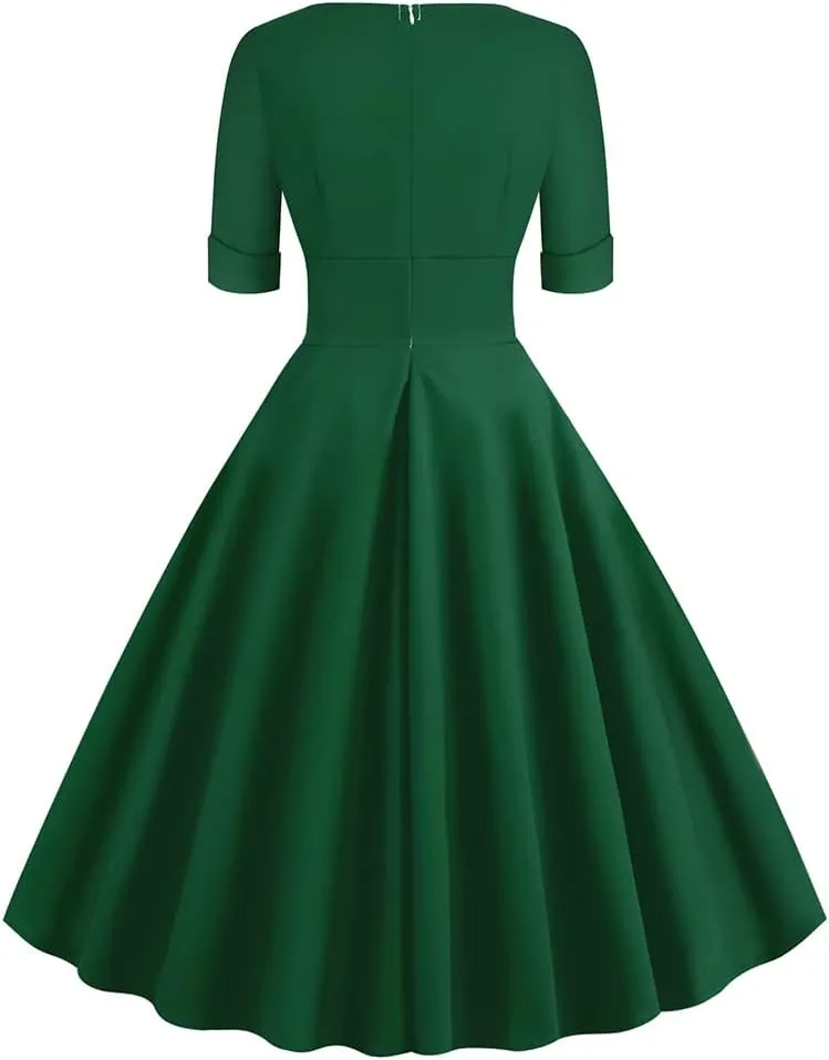 Women Vintage 1950s V-Neck Rockabilly Swing Audrey Hepburn 50s Pinup A-line Cocktail Tea Party Dress