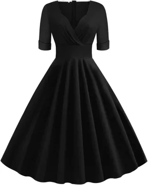 Women Vintage 1950s V-Neck Rockabilly Swing Audrey Hepburn 50s Pinup A-line Cocktail Tea Party Dress
