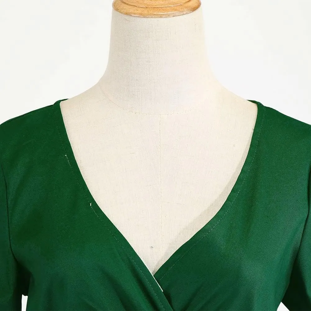 Women Vintage 1950s V-Neck Rockabilly Swing Audrey Hepburn 50s Pinup A-line Cocktail Tea Party Dress