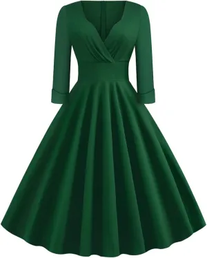 Women Vintage 1950s V-Neck Rockabilly Swing Audrey Hepburn 50s Pinup A-line Cocktail Tea Party Dress