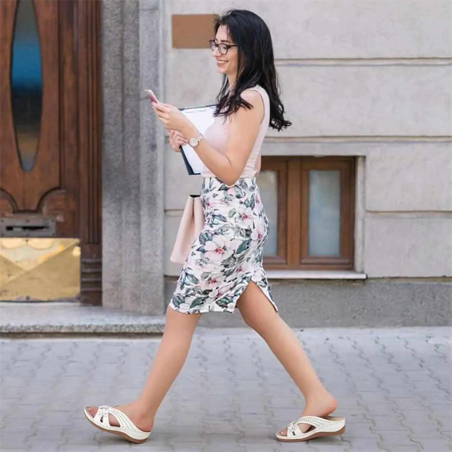 Women Wedge Sandals Leather: Slip On Dressy Summer Comfortable Slides Sandals Lightweight Memory Foam Platform Comfort Cross Strap with 3D Floral Shoes White,9.5