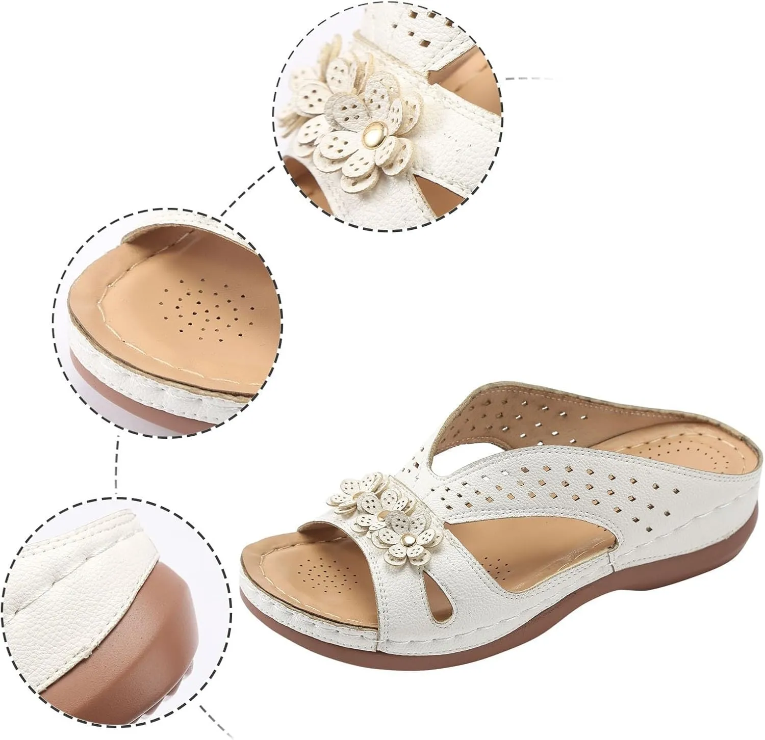 Women Wedge Sandals Leather: Slip On Dressy Summer Comfortable Slides Sandals Lightweight Memory Foam Platform Comfort Cross Strap with 3D Floral Shoes White,9.5