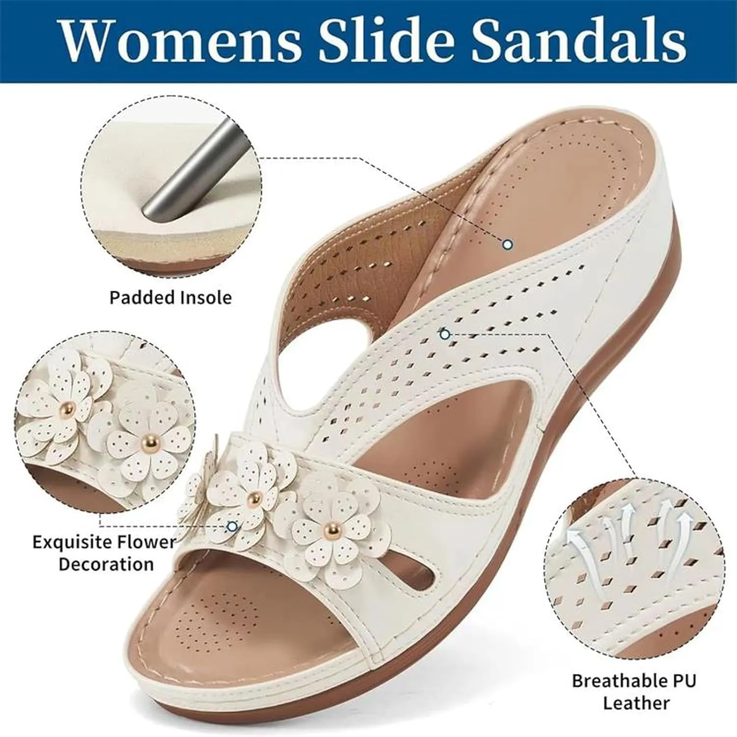 Women Wedge Sandals Leather: Slip On Dressy Summer Comfortable Slides Sandals Lightweight Memory Foam Platform Comfort Cross Strap with 3D Floral Shoes White,9.5