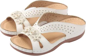 Women Wedge Sandals Leather: Slip On Dressy Summer Comfortable Slides Sandals Lightweight Memory Foam Platform Comfort Cross Strap with 3D Floral Shoes White,9.5