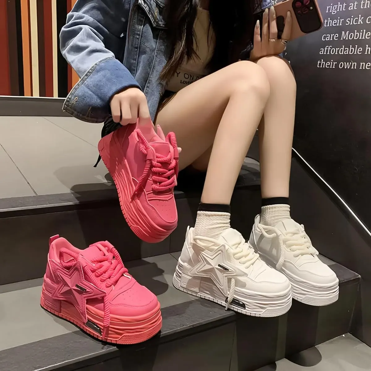 Women Y2K Chunky Sneakers, 3D Star Patch Streetwear, Eye-Catching Dopamine Color 5cm Height Boost Teens Walking Shoes Breathble