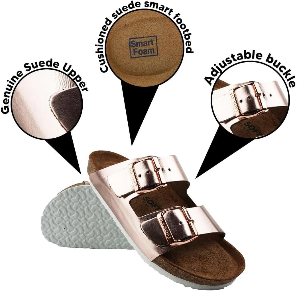 Women's 100% Genuine Leather Sandals - Comfortable Smart Foam Footbed, Slip-On Slides for Summer Wear, Adjustable Fit and Durable Non-Slip Sole