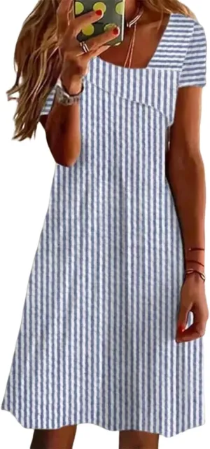 Women's 2025 Summer Strips Print Dress Floral Short Sleeve A Line Mini Beach Vacation Party Dresses