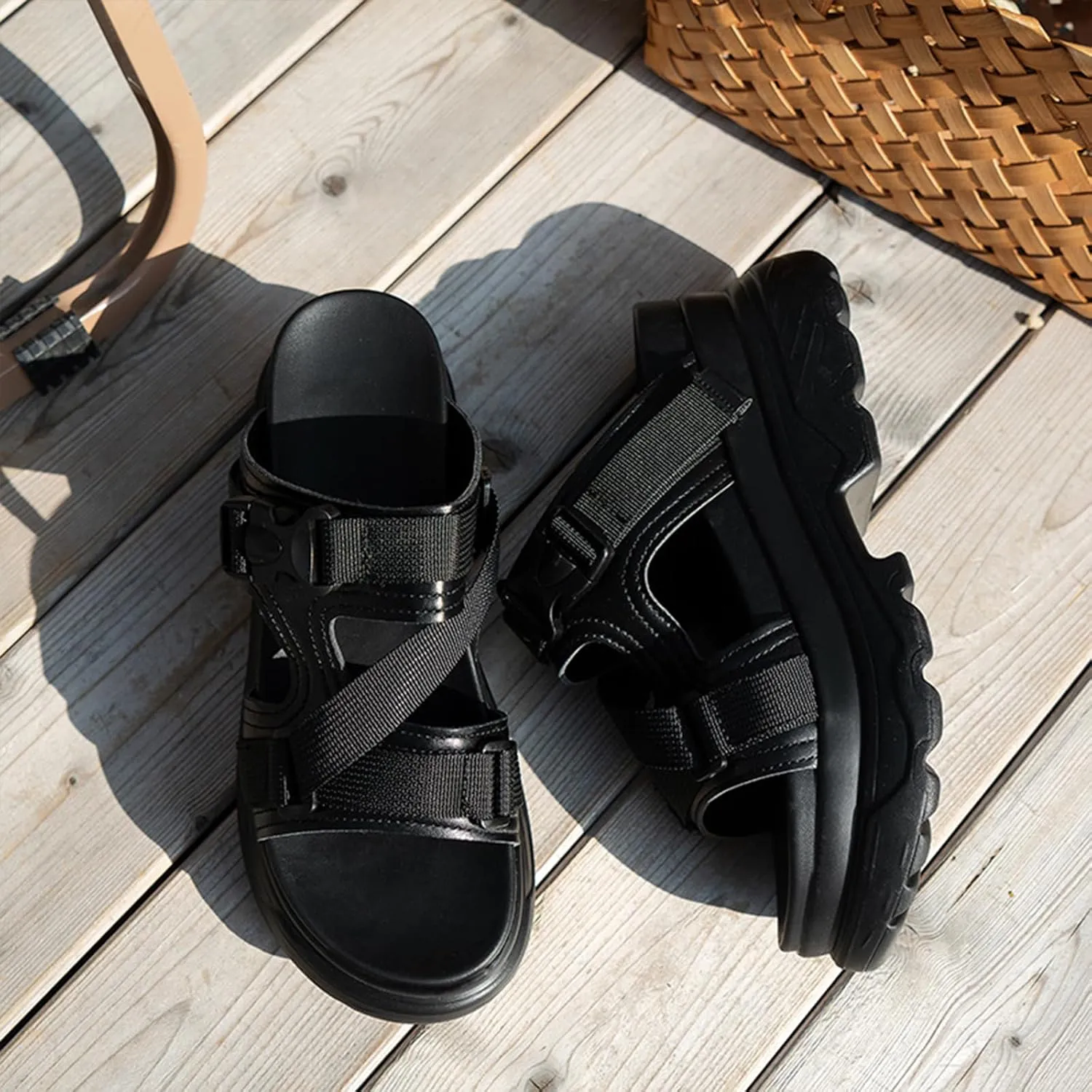 Women's Adjustable Buckle Platform Non Slip Slippers Fashion Hollow Slip On Round Open Toe Memory Foam Lncrease Casual Sandals for Beach Walking Party