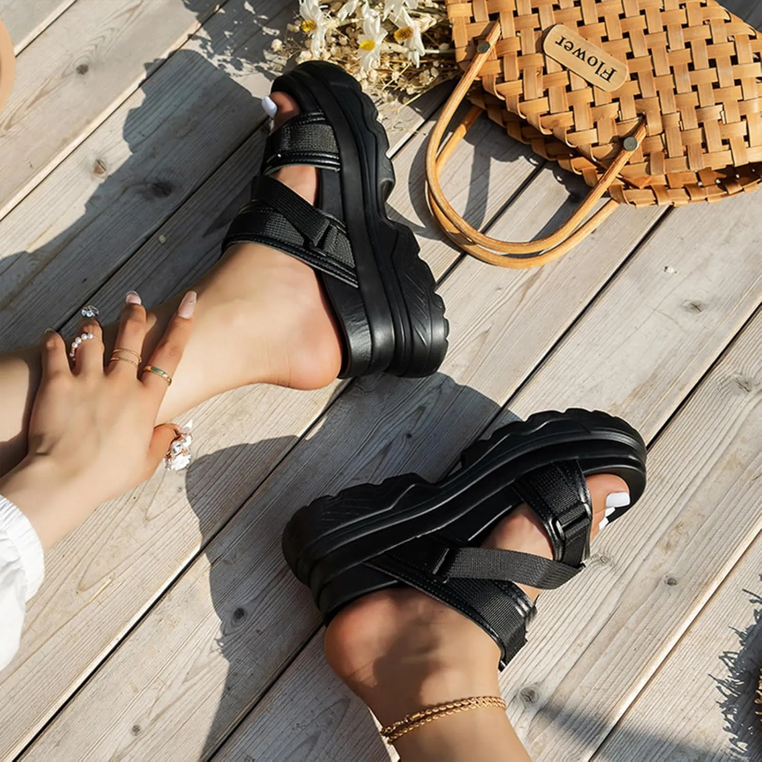 Women's Adjustable Buckle Platform Non Slip Slippers Fashion Hollow Slip On Round Open Toe Memory Foam Lncrease Casual Sandals for Beach Walking Party