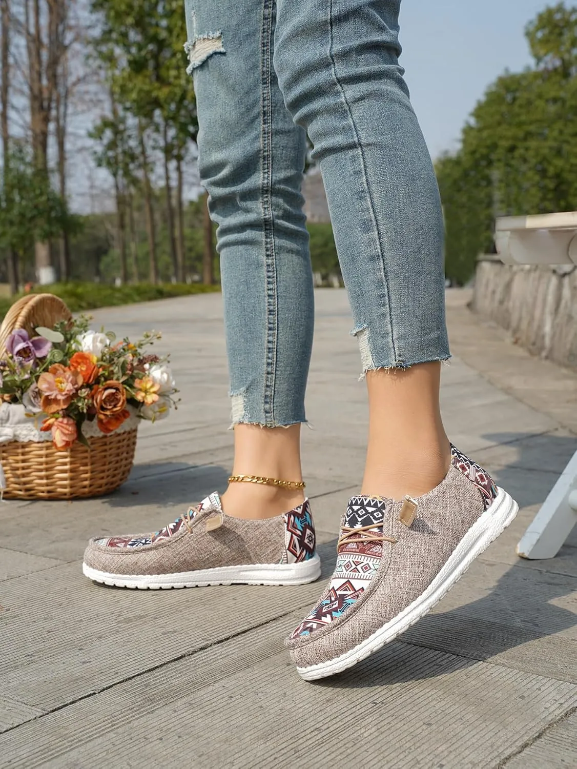 Women's Aztec Print Slip-On Loafers - Elastic Lace Comfort Shoes, Lightweight Foam Sole, Orthotic Support for Daily Wear, Trendy Casual Sneakers (US 6-11)