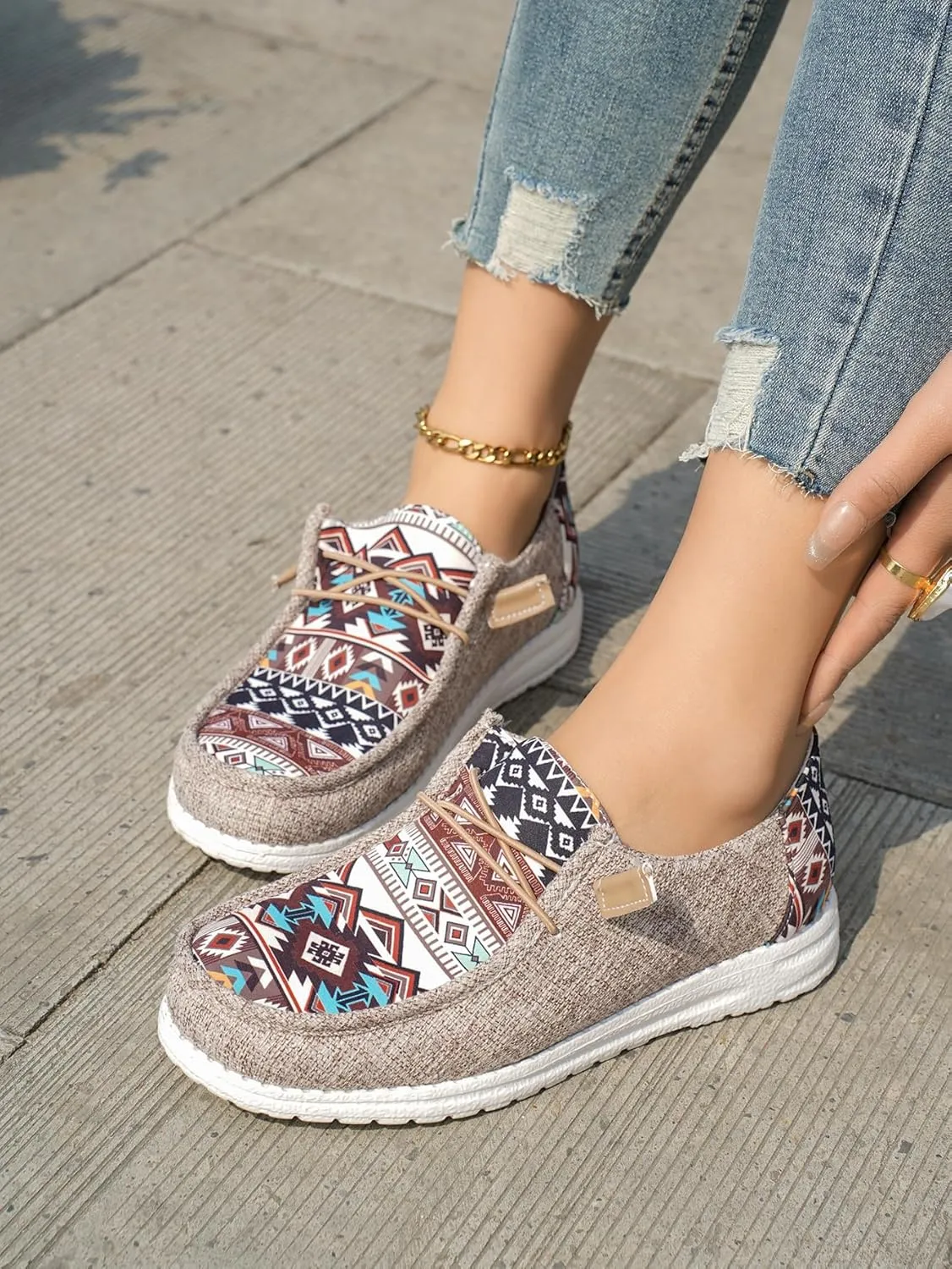 Women's Aztec Print Slip-On Loafers - Elastic Lace Comfort Shoes, Lightweight Foam Sole, Orthotic Support for Daily Wear, Trendy Casual Sneakers (US 6-11)