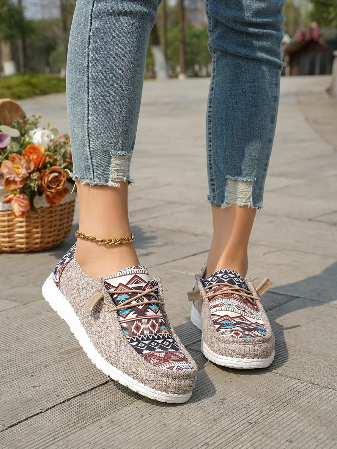 Women's Aztec Print Slip-On Loafers - Elastic Lace Comfort Shoes, Lightweight Foam Sole, Orthotic Support for Daily Wear, Trendy Casual Sneakers (US 6-11)
